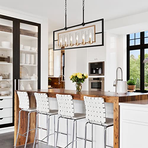 Black Gold Chandelier, Modern Chandelier Light Fixture For Dining Room, 37.5'' Linear Kitchen Island Lighting, Clear Glass Shades #TOP1