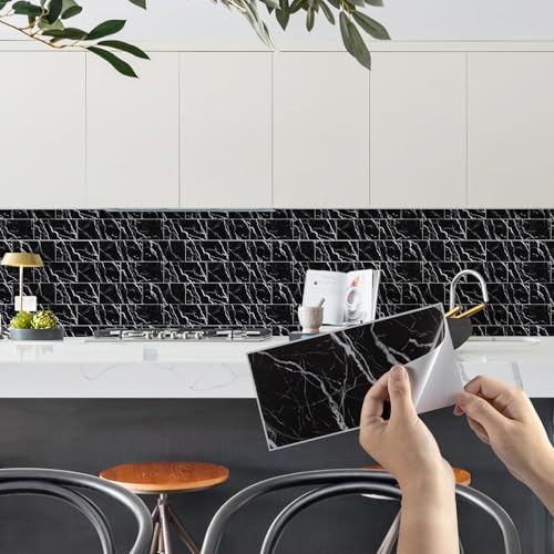 Image of Fantasnight Tile Stickers Black, Marble Peel and Stick Tiles 20x10cm 10pcs, Waterproof Self Adhesive Wall Tiles Vinyl, Stick On Wall Tiles for Kitchen Backsplash and Bathroom