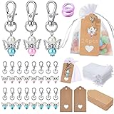 Qunkun 24 Stück Engel Anhänger Schlüssel, Schutzengel Anhänger + 24 Anhänger aus Kraftpapier + 24 Weiße Organzabeutel + 2 Rollen rosa Bänder für Geburtstag Taufe Hochzeit Kommunion Party