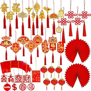 Winlyn 106 Pcs Chinese New Year Decorations – Hanging Good Luck Ornaments, Red Lanterns, Festive Tree Ornaments, Paper Fans for Asian Lunar New Year 2025 Year of The Snake Party Decor