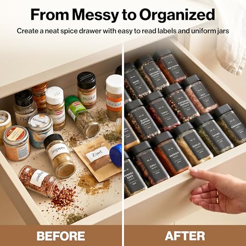 Image of EDELHAUS Square Glass Spice Jars with Label and Black Rotating Lids (24 x 4oz) Spice Containers with 240 Labels, Shaker Inserts, Silicone Funnel, Empty Square Empty Square Seasoning Organizer