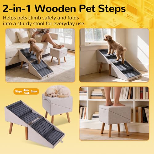 Image of Dog Stairs for Small Dogs, 2-in-1 Foldable Pet Ramp and Ottoman, 17.13 inch H | Non-slip carpeted steps, solid wood support, gentle incline for couches, and a foldable ottoman design for compact storage.