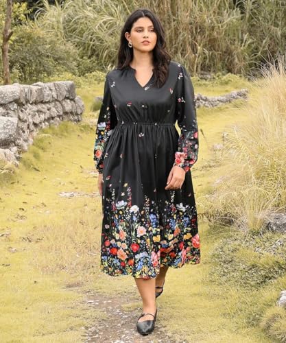 Image of TIYOMI Womens Plus Size Dresses Fall Long Sleeve Maxi Dresses V Neck Floral Spring Party Dress with Pockets XL-5XL (14W-28W)