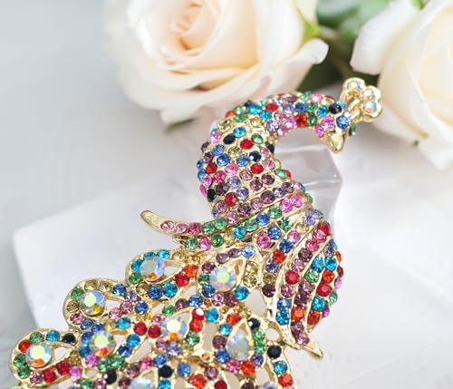 Image of Gyn&Joy 5 Inch Art Gorgeous Peacock Austrian Crystal Rhinestone Brooch Pins