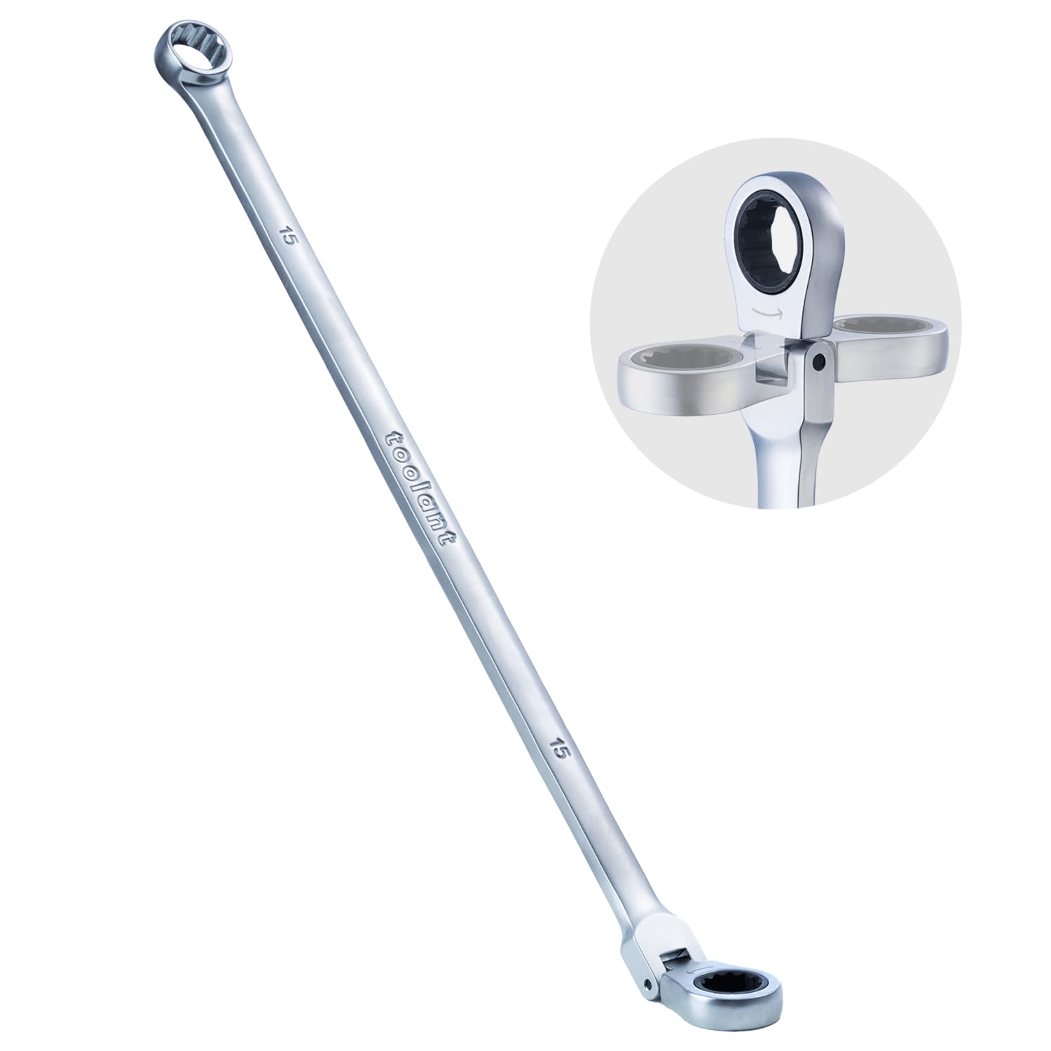 toolant Extra Long Ratcheting Wrench, Flex Head & Fixed Offset Head Double Box End Combination Wrench, CR-V Steel, Metric 15mm