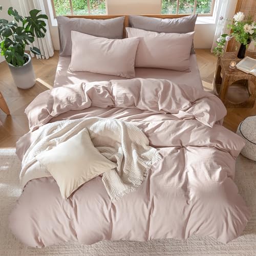 Image of MooMee Duvet Cover Set 100% Washed Cotton Linen Like Twin | Relaxed Linen-like Texture. Soft, Breathable & Long-lasting Comfort. Lightweight. Hidden Zipper with 8 Interior Corner Ties