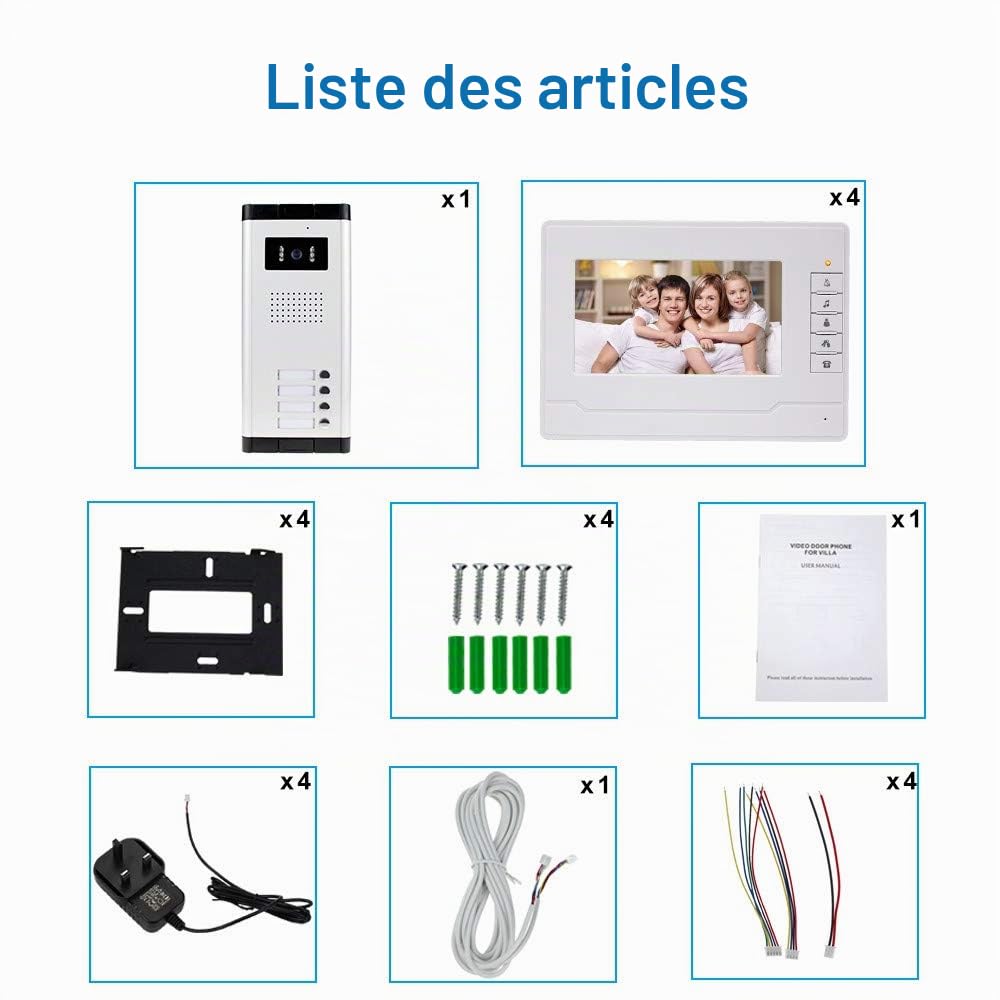 KDL Filaire Système téléphonique de Porte Sonnette vidéo de 7 Pouces 4 moniteurs avec 1 caméra extérieure avec Quatre Boutons d'appel, Vision Nocturne IR, Audio pour Appartements Multiples/Familles