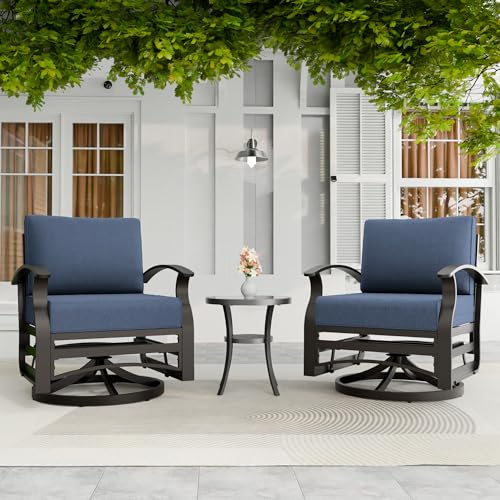 RTDTD 3 Piece Aluminum Swivel Rocking Chair Set, Outdoor Patio Swivel Gliders Chair with Glass Top Coffee Table, Conversation Furniture Set Suitable for Patio, Lawn, Outdoor, Back Garden(Dark Blue)
