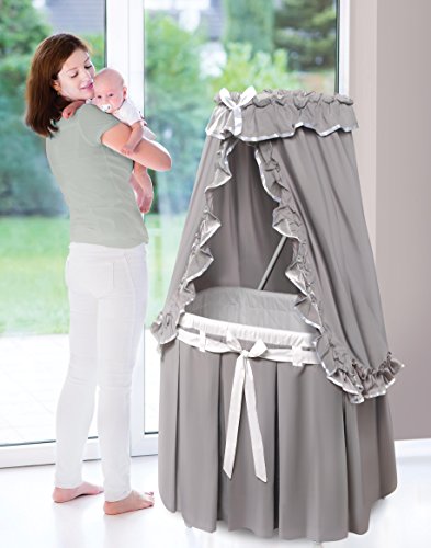 Badger Basket Majesty Canopy Bassinet - Rocking Baby Cradle with Mattress, Bedding Set, Storage Shelf, Caster Wheels, and Draped Canopy - Oval Nursery Sleeper - Gray/White