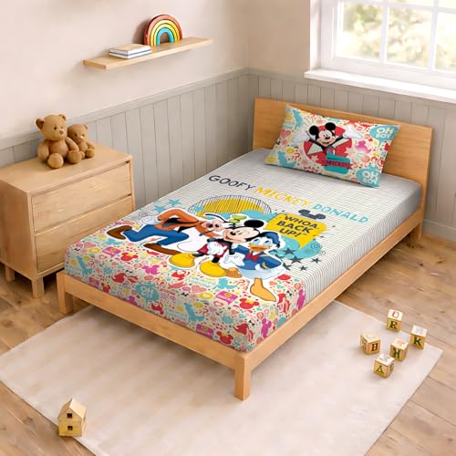Image of Sassoon Disney Mickey Mouse (Backup) Digital Printed, Cotton Single Bedsheet, 300 TC, 1 Pillow Cover, Fade Resistant, Bedsheet for Kid's Bedroom, (1.50m X 2.35m)