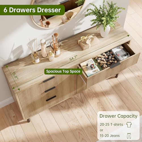 GarveeHome Oak Fluted 6 Drawer Dresser, Wide Wood Double Dresser with Metal Legs and Handles, Modern Chest of Drawers with Anti-Tipping Design for Bedroom Living Room Hallway