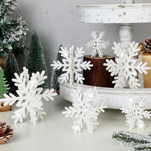 Bucherry 12 Pcs Glitter Snowflake Decorations 3D Wooden Snowflake Tabletop Decor Christmas Signs and Centerpiece for Xmas Winter Wonderland Decorations(White)