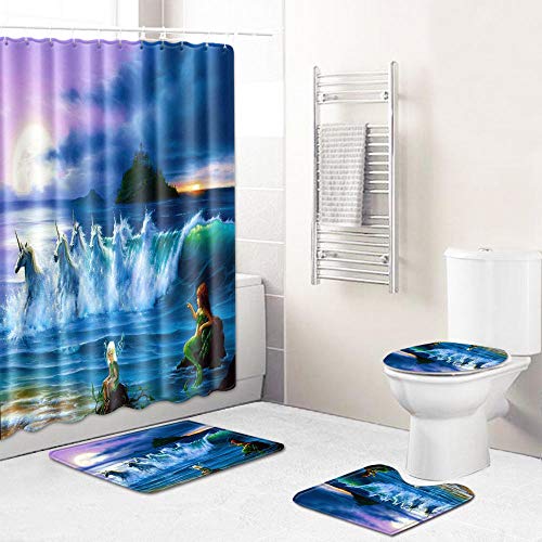 ZDDWLDL 4Pcs Duschvorhänge Set Mit Rutschfesten Teppichen,Toilettendeckel und Badematte Blau-Lila-Grüne See…