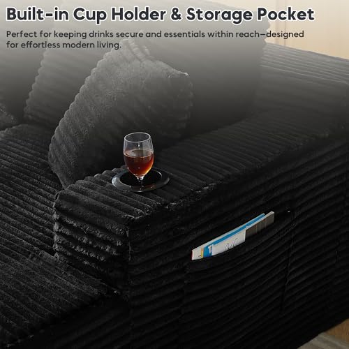 Image of 125 Inch Modular Sectional Sofa, Cloud Couch Oversized U Shaped Corduroy Sofa with Storage & Cupholders, Modern Deep Seat Boneless Couches for Living Room, No Assembly Required, Black