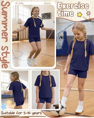 Image of Oakgarden Summer Outfits for Girls 5-14Y Athletic Casual Sets Kid Short Sleeve Shirt Bike Shorts 2 Piece Tween Trendy Clothes