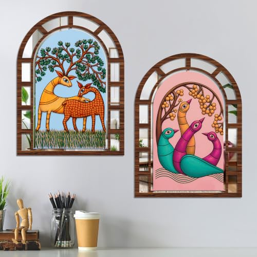 Image of Artvibes Nature Home Wall Decoration | Jharokha Mirror | Wall Hanging Decor for Living Room, Bedroom, Hall, Dining Room, Foyer, Office & Entryway | Gift (WH 12040N), Set of 2