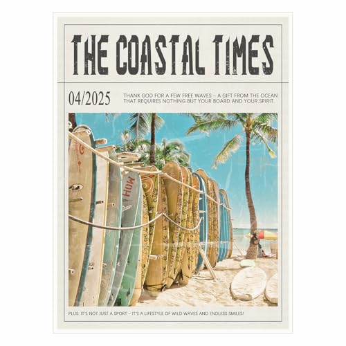 Summer surf print wall art vintage The Coastal Times beach surf Canvas posters Room aesthetic...