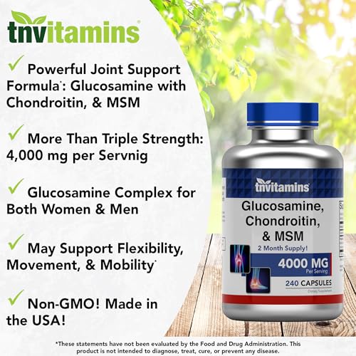 Image of tnvitamins Glucosamine Chondroitin MSM Capsules, 240 Count | 4,000 mg Per Serving | 2,000 mg Glucosamine Sulfate 2KCl + 2,000 mg MSM & Chondroitin Blend | Joint Support Supplement