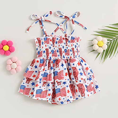 Mainesaka 4Th Of July Outfit Baby Girl Ruffler Dress Romper Sleeveless Adjustable Strap Flower Cow Print One Piece Bodysuit (A-Bull Head, 18-24 Months) #TOP1