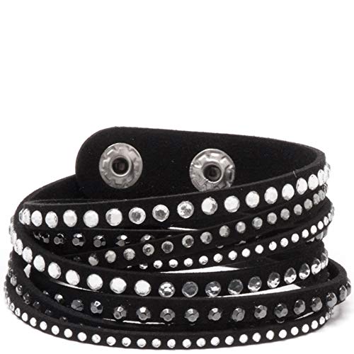 Barzel Leather Created Austrian Crystals Wrap Bracelets (Black with Black & White Stones)