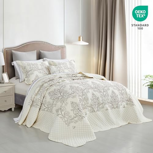 Image of CHIXIN Bedspread Coverlet Quilt Set Full Size - Lightweight Bedding Cover - Beautiful Stitching - 5 Piece Reversible Bedspread - Luxury Damask Paisley Pattern (Full, Ivory)