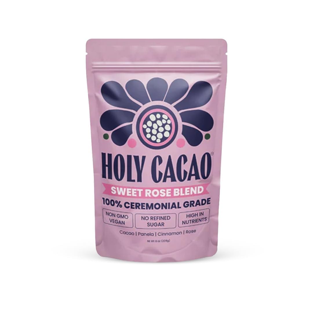 Holy Cacao Sweet Rose Blend – Organic Ceremonial Grade Cacao with Rose Petals, High Flavanol Cocoa Powder, Vegan & Gluten-Free Ritual Drink for