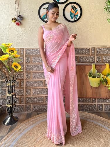 Image of AKHILAM Women's Multicolor Georgette Embellished Saree with Unstitched Blouse Piece(KESARI9501 KR Parent)