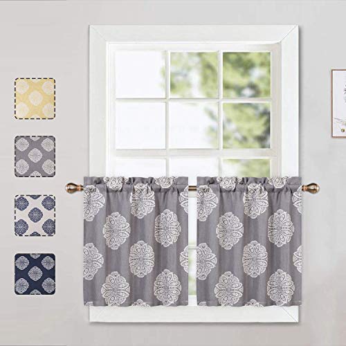 CAROMIO Cafe Curtains 24 Inch Length, Floral Medallion Damask Print Linen Blended Tier Curtains for Kitchen Cafe Small Half Window Curtains for Bathroom, Grey