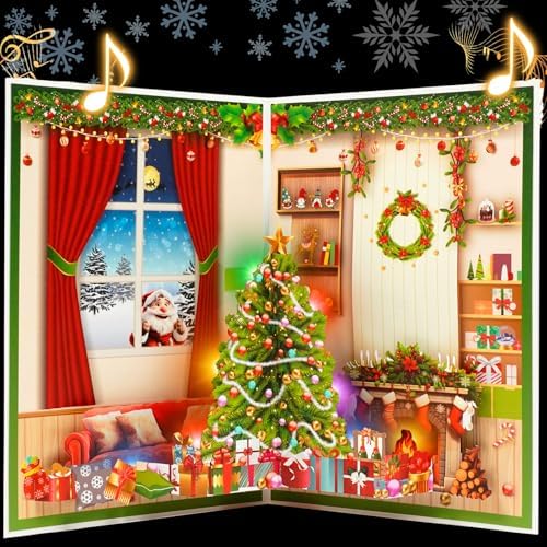 3d Musical Christmas Cards, Pop Up Card with Music and Light, Merry Christmas Pop up Greeting Card for Family Friends Children in Holiday New Year