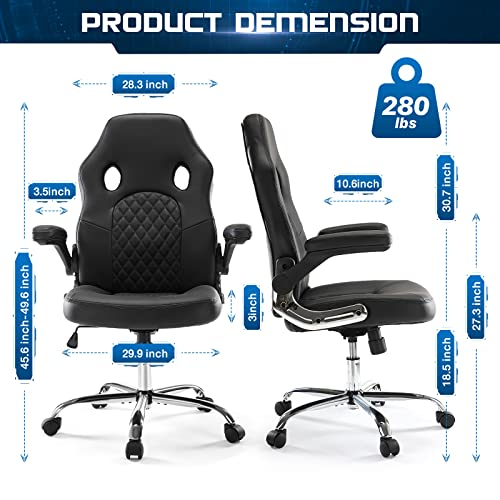 Image of Gaming Office Chair - PU Leather Executive Swivel Computer Desk Chair with Flip-up Armrests and Lumbar Support for Working, Studying, Gaming