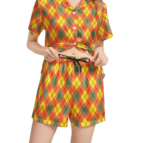 Image of Funny Pajamas for Women Set Print Satin Loungewear Pjs Short Sleeve Button Down Top and Shorts Sets Sleepwear XS-3XL