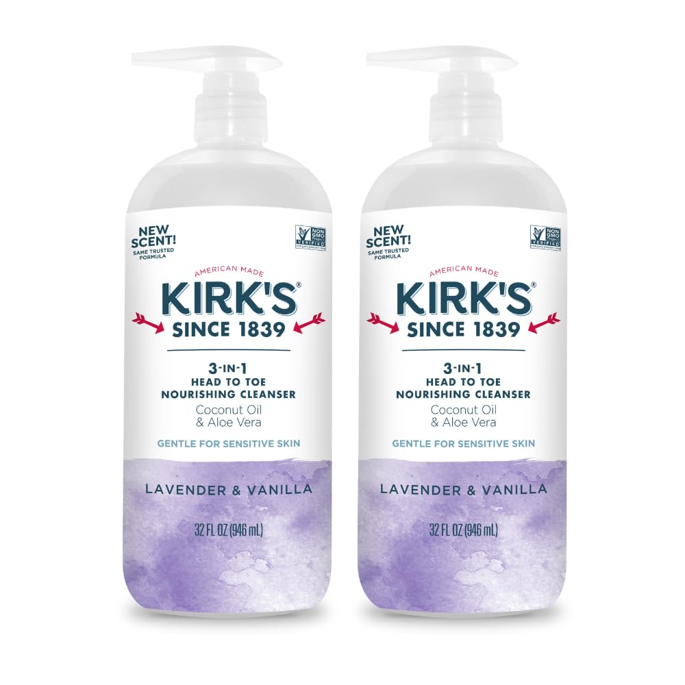 Kirk's 3-in-1 Head to Toe Nourishing Liquid Cleanser- for Men, Women & Children - Premium Coconut Oil & Aloe Vera- Non GMO & Vegan - Lavender and