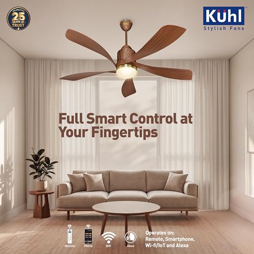 Image of KUHL Luxus Twist 1320mm Stylish 65% Power Saving BLDC Ceiling Fan With Remote |Down Light|BEE 5 Rated & ISI Marked|Low Noise| IoT -Operate via Mobile & Alexa |Reverse Mode |Free Installation |Teak