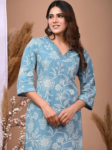 Image of Rimeline Women's Cotton Printed Kurta with Embellished V-Neck Design | Straight Fit Ethnic Wear for Office, Casual & Daily Use