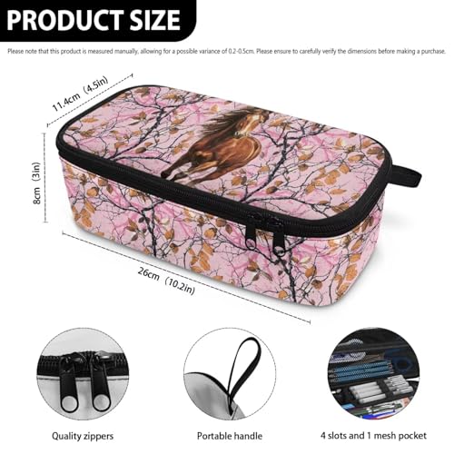 Image of Kids Pencil Case for Boys 6-8 Horse Forest Camo Pencil Pouch Large Capacity Lightweight Portable Pen Bag with Handle Strap for Back to School, Pink