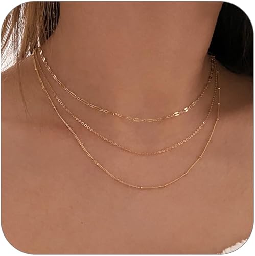 CONRAN KREMIX Waterproof Gold Necklace Layered Necklaces for Women Non Tarnish,18k Gold Plated Stainless Steel Dainty Stack Thin Chain Necklace Set for Women Gifts Jewelry