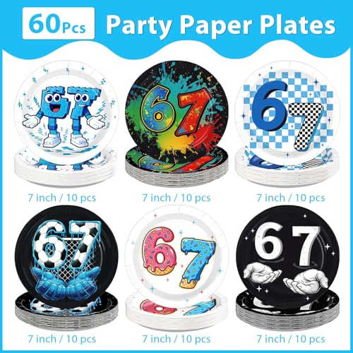 Image of 60Pcs Funny 6 7 Paper Plates 7 inch Heavy Duty Six Seven Theme Plates | I Was 6 Now I'm 7 Meme Disposable Dessert Cake Platters for Boys Girls 6-7 Year Old Birthday Party Supplies Decorations