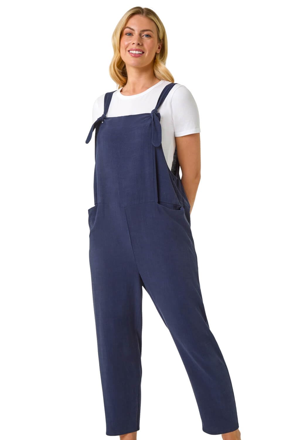 Roman Originals Women's Petite Navy Roman Petite Strap Woven Jumpsuit For Uk - Everyday Holiday Spring Summer Square Neckline Comfy Soft Evening Vacation Work Party - Size 14 Petite