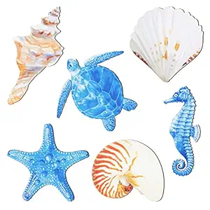 WATINC 6Pcs Wooden Beach Ocean Seashell Wall Decor Starfish Scallop Conch Turtle Seahorse Marine Coastal Wood Shells Bathroom Rustic Cottage Nautical Theme Party Decorations for Home Nursery Office