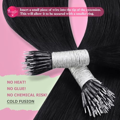 Image of YoungSee Black Nano Ring Hair Extensions Human Hair 24 Inch Nano Beads Hair Extensions Human Hair Jet Black Nanolink Hair Extension Cold Fusion Nano-Tip Hair Extension for Long Hair 50 Strands 50g