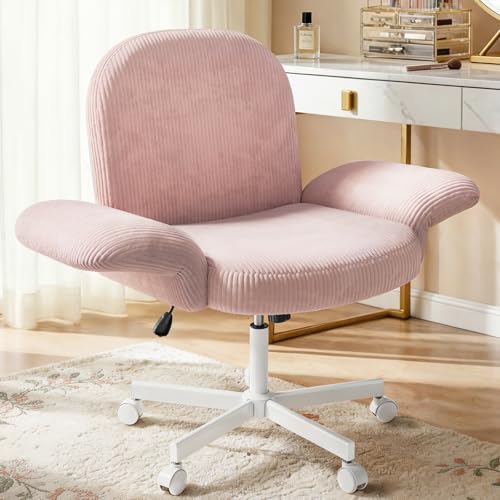 HUANUO Criss Cross Office Chair for Girls Cross Legged Desk Chair with Adjustable Armrests Soft Corduroy Fabric for Small Spaces Home Office Computer Chair for Petite Women Pink