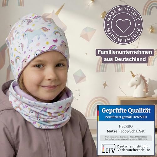 HECKBO Einhorn Beanie Mütze & Kinderschal Set - 95% Baumwolle - Reversible mit Jersey - Übergangszeit Frühling Herbst Winter (48–54 cm)