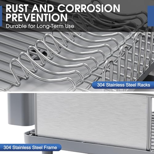Image of Urackify Stainless Steel Dish Drying Rack - Large Capacity Kitchen Counter Organizer with Drain Board, Utensil Holder & Detachable Cup Shelf, 304 Surgical-Grade Rust-Proof Dish Drainer, Easy Assembly