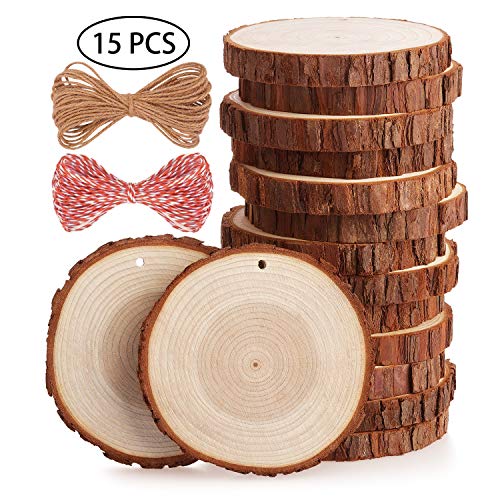 Fuyit Holzscheiben 15 Stücke Holz Log Scheiben 10-11cm mit Loch Unvollendete Holzkreise für DIY Handwerk Holz-Scheiben Hochzeit Mittelstücke Weihnachten Dekoration Baumscheibe
