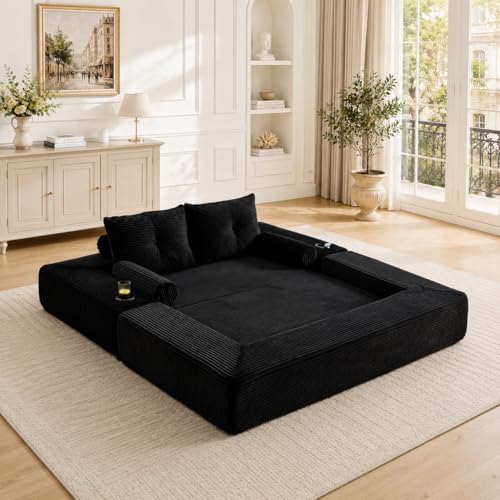 Sofá Cama de Pana con Espuma de Alta Densidad, Salón, Negro, 180x98x80 cm