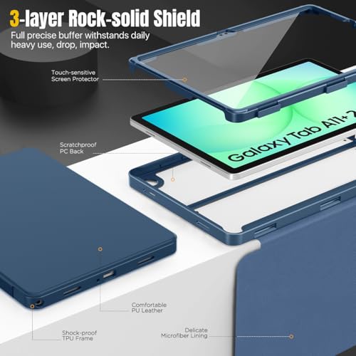 Image of MoKo Clear Case for Samsung Galaxy Tab A11+ Plus 5G 11 Inch 2026, Navy Blue | Magnetic Multi-Angle Stand, Built-in Screen Protector, Auto Wake /Sleep, Stain-Resistant Surface, 3-layer Rock-solid Shield