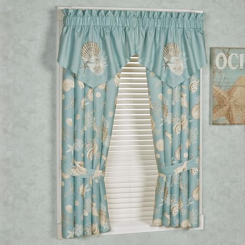 Seabreeze Coastal Ocean Beach Polyester Microfiber Lined Window Treatment | Shell Starfish Coral Stripe | Aqua Teal Ivory Cream | 4 Pc Set: 2 Ascot Valances, 63L Curtain Pair | Panels Drapery