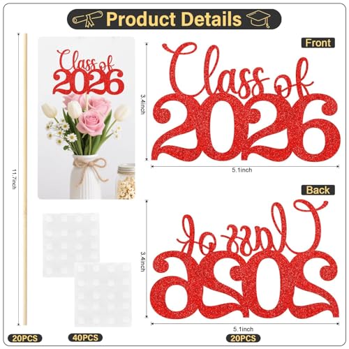 Image of Class of 2026 Decorations - 20 Pcs Red Graduation Centerpieces for Tables, Double-Sided Red Graduation Decorations 2026 with Grad Centerpiece Sticks