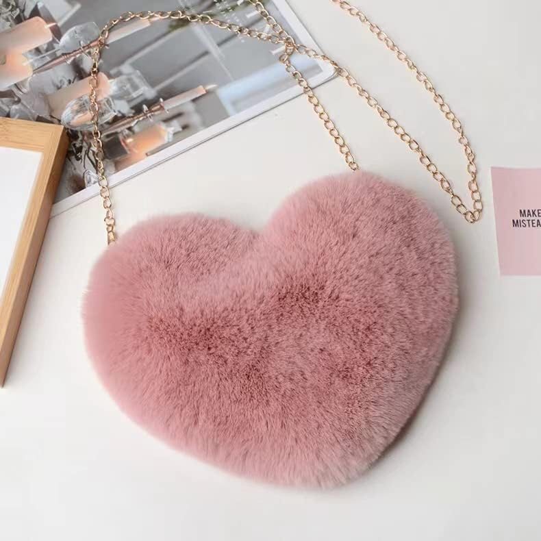 Women Cute Plush Crossbody Bag Cute Heart Shaped Cellphone Fluffy Shoulder Bag for girls3