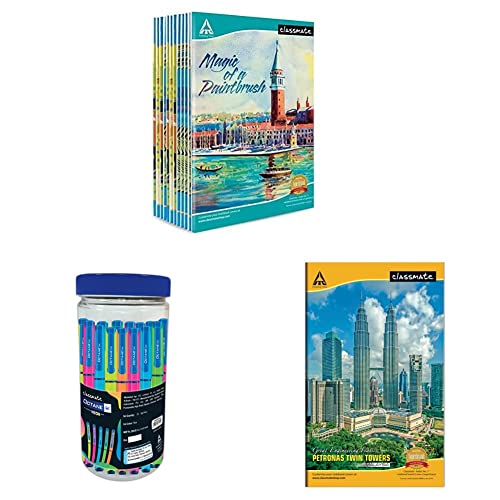 Image of Classmate Long Notebook - 140 Pages, Single Line (Pack of 12) & Octane Neon- 25 Blue Gel Pens Long Book - Unruled, 160 Pages, Pack Of 3